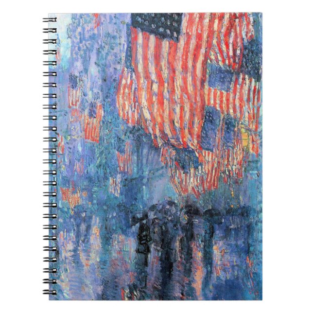 Caderno Espiral Avenida na Chuva por Frederick Childe Hassam (Frente)