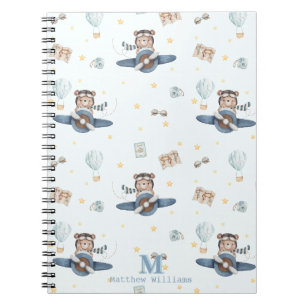 Caderno Espiral Aventura Aviação Urso Fofo Avião Azul Monograma