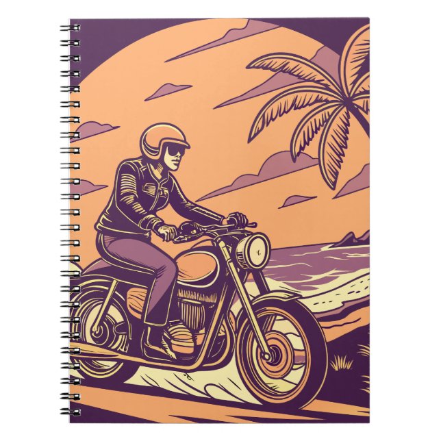 Caderno Espiral Aventura de Motocicleta Retro - Praia Tropical (Frente)