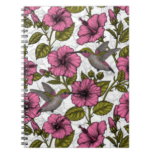 Caderno Espiral Aves de capoeira e flores de hibisco rosa