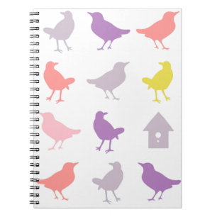 Caderno Espiral Aves de Pastel, rosa e roxo, com casa de aves