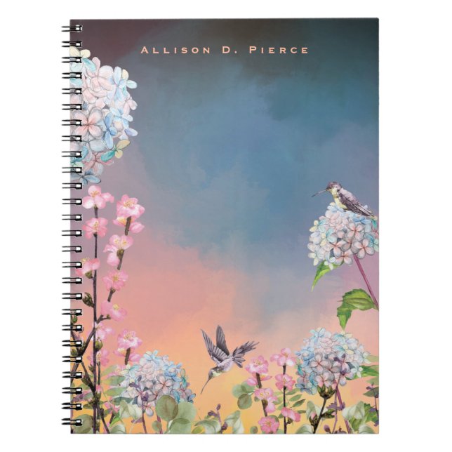 Caderno Espiral Aves e Hydrangeas | Céu colorido (Frente)