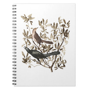 Caderno Espiral Aves em Ramos em Aquarela Vintage Decorativa