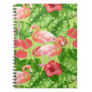 Caderno Espiral Aves Flamingo e plantas tropicais