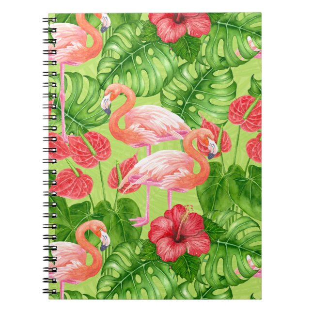 Caderno Espiral Aves Flamingo e plantas tropicais (Frente)