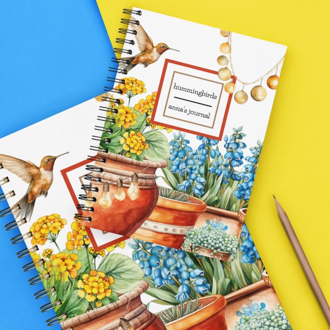 Caderno Espiral Aves-humanos no Jardim | Flores De Plantas Vedadas (Hummingbird with terracotta pots and plants and flowers on a gratitude journal you customize.)