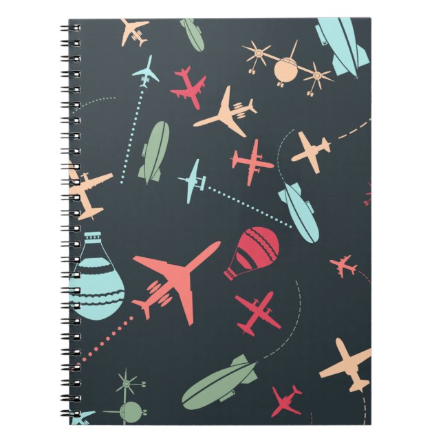 Caderno Espiral Avião Negro e Padrão de Aviação (Frente)