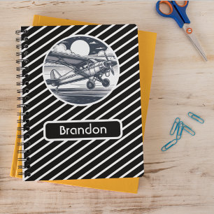 Caderno Espiral Avião Personalizado, Black and White Striped