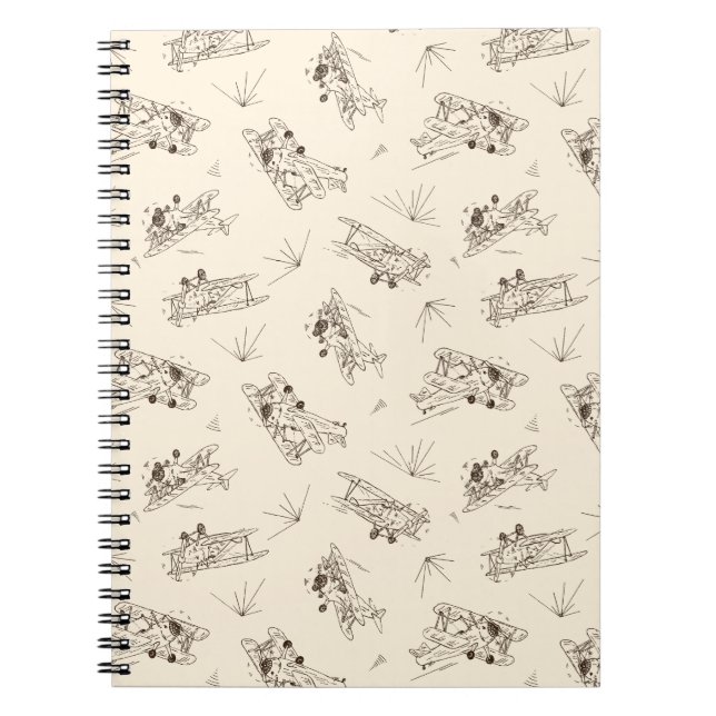 Caderno Espiral Aviões Bi-planos Art Déco Rugindo - padrão esboçad (Frente)