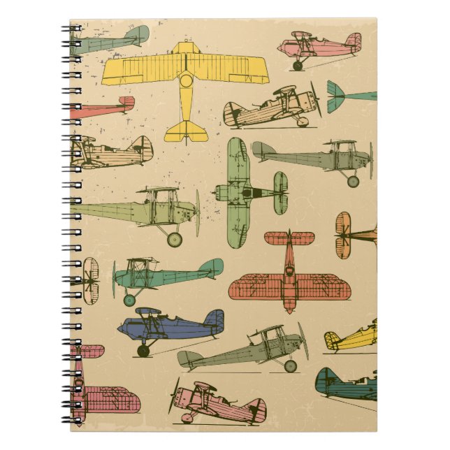 Caderno Espiral Aviões Retro: Padrão De Vintagem Cracking. (Frente)