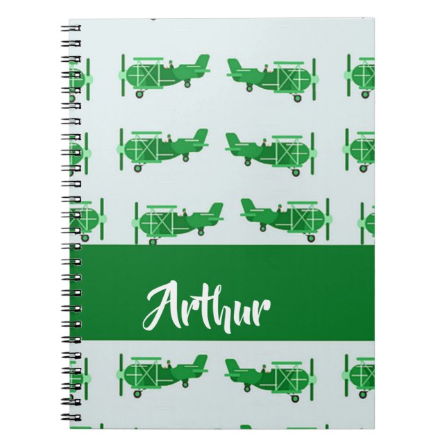 Caderno Espiral Aviões voadores verdes em azul (Frente)