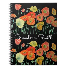 Caderno Espiral Avó Laranja Vermelha Papoula Papoulas floral Aquar