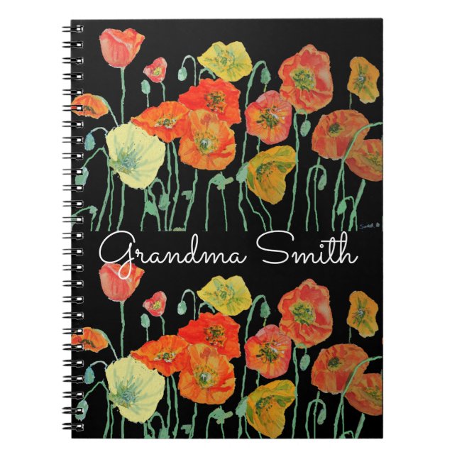 Caderno Espiral Avó Laranja Vermelha Papoula Papoulas floral Aquar (Frente)