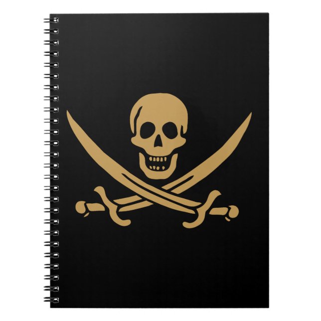 Caderno Espiral Aztec Dourado Crânio e Cutlass Pirata Calico Jack (Frente)