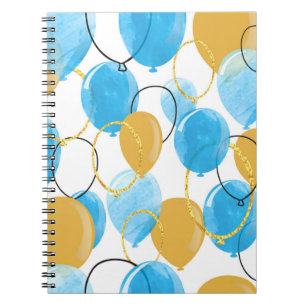 Caderno Espiral Azul-aquarela e balões de ouro com brilho