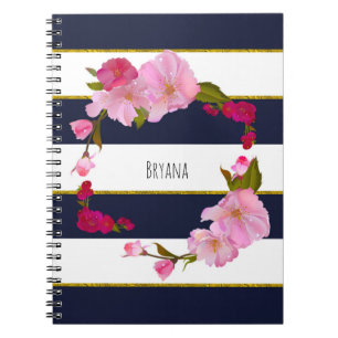 Caderno Espiral Azul Branco e Dourado Moderno Floral Chic Glam