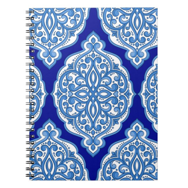 Caderno Espiral Azul-branco-luxo, ornamento turco. (Frente)