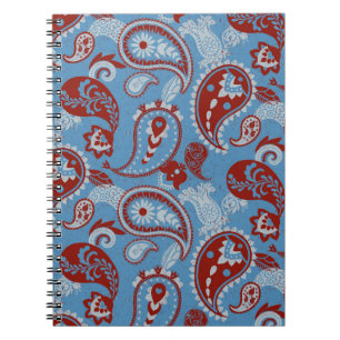 Caderno Espiral Azul branco vermelho tradicional linocut de salada
