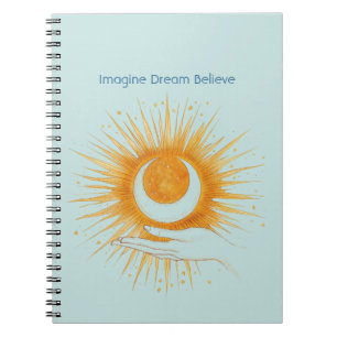 Caderno Espiral Azul Céu Imagine Sonho Acredite Ouro Sol Mão