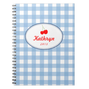 Caderno Espiral Azul-country gingham padrão de cereja vermelha pes