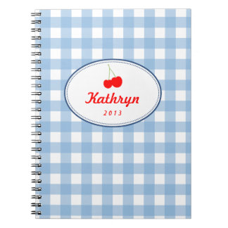 Caderno Espiral Azul-country gingham padrão de cereja vermelha pes