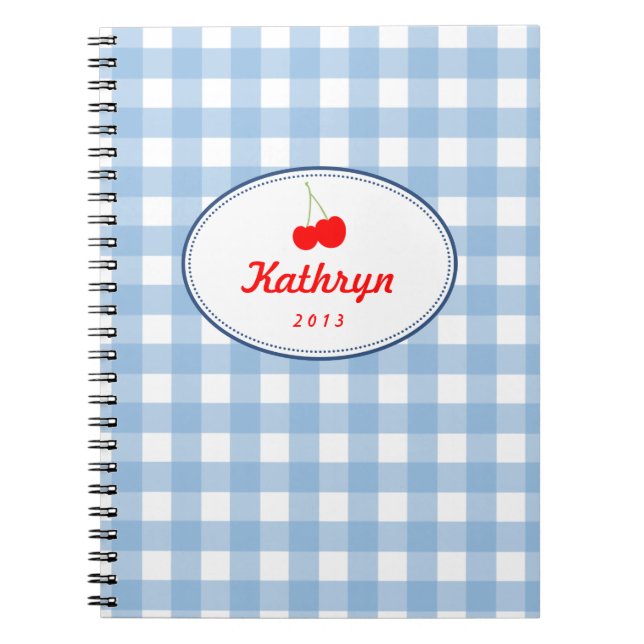 Caderno Espiral Azul-country gingham padrão de cereja vermelha pes (Frente)
