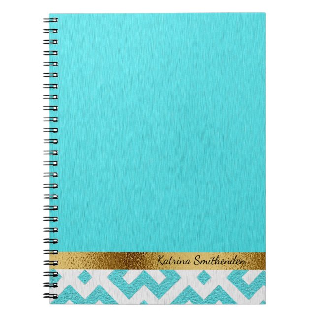 Caderno Espiral Azul e Branco personalizados Geométrico e Dourado (Frente)