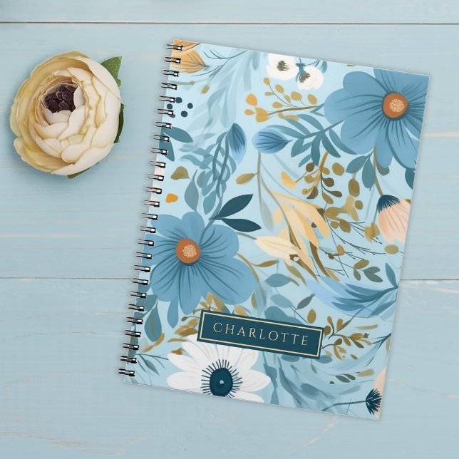 Caderno Espiral Azul e Dourado Floral (Criador carregado)