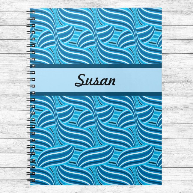 Caderno Espiral Azul e Turquesa, Ribbony Swirls com Nome (Criador carregado)