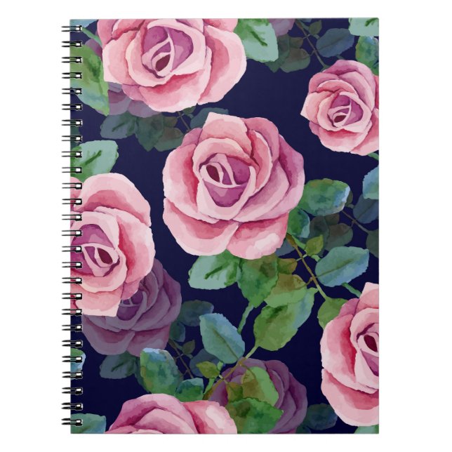 Caderno Espiral Azul Escuro, Rosas Rosa Aquarela. (Frente)