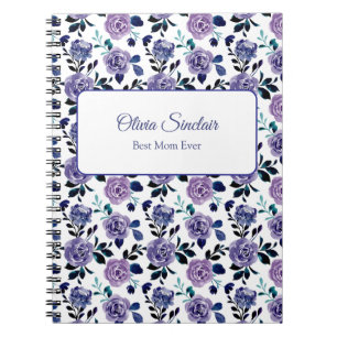 Caderno Espiral Azul Escuro & Roxo Floral Personalizado