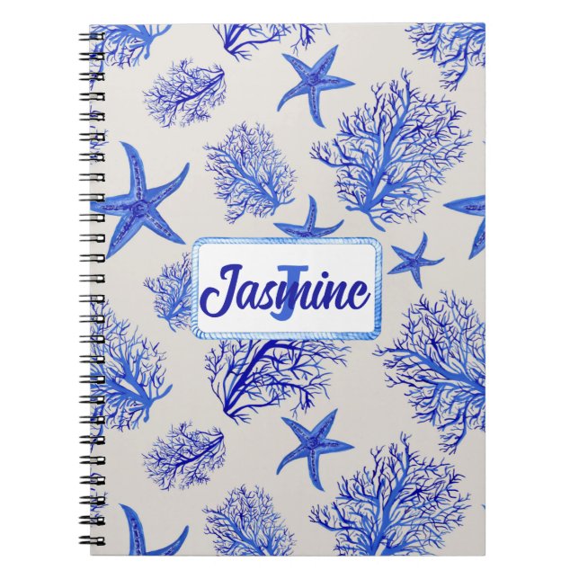 Caderno Espiral Azul-estrela-coral-nome-monograma-personalizado (Frente)