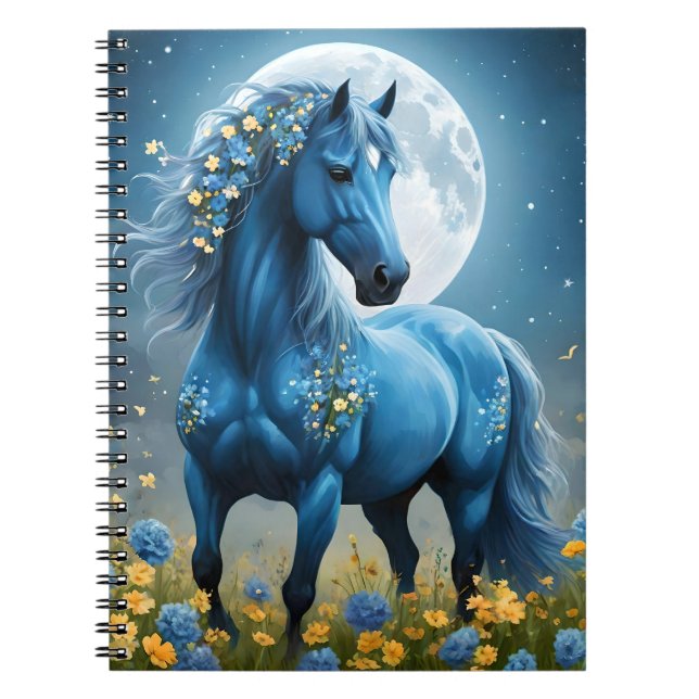 Caderno Espiral Azul Fantasia Flores de Lua de Cavalo Mágico, (Frente)