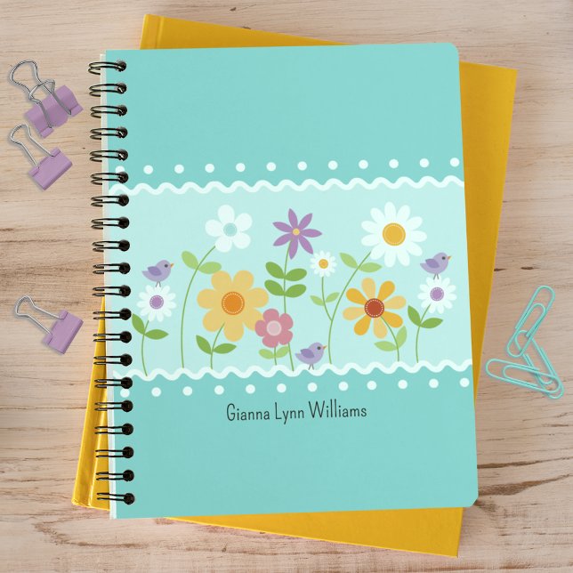 Caderno Espiral Azul Floral Botânico Monograma (Criador carregado)