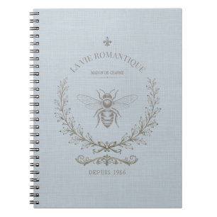 Caderno Espiral Azul Francês Abelha Mel Vintage Campo Francês