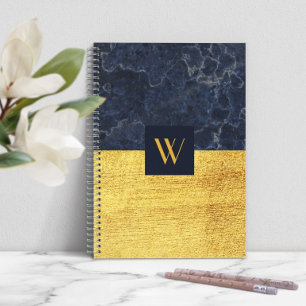 Caderno Espiral Azul Marble Faux Dourado Monograma