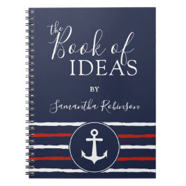 Caderno Espiral Azul Marinho Branco, Vermelho, Monograma, Ângulo N