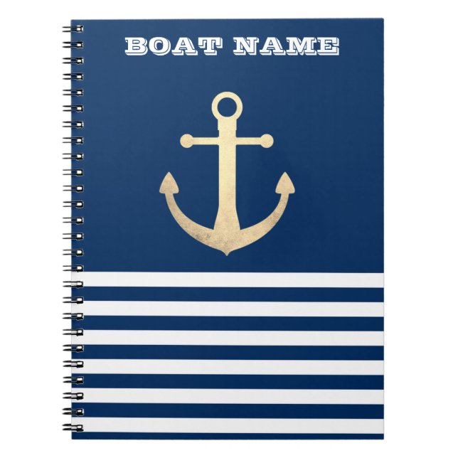 Caderno Espiral Azul Marinho de Âncora, Dourado, náutico, com risc (Frente)