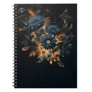 Caderno Espiral Azul Marinho Escuro & Dourado Floral Rústico Glam