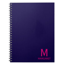 Caderno Espiral Azul marinho & monograma nome moderno fuchsia