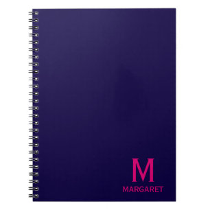 Caderno Espiral Azul marinho & monograma nome moderno fuchsia
