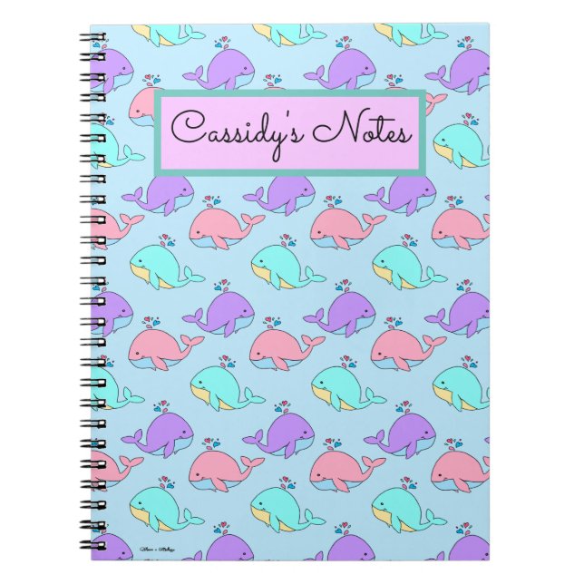 Caderno Espiral Azul-padrão de baleia Kawaii (Frente)