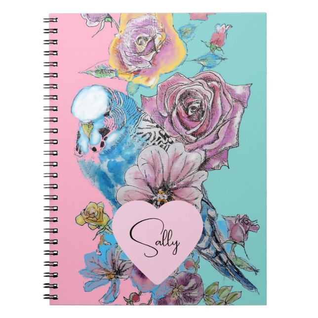 Caderno Espiral Azul-pasta Aquarela floral Girls Rosa Aqua (Frente)