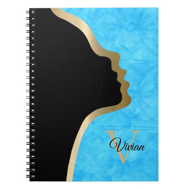 Caderno Espiral Azul, preto e Dourado nome do rosto (Frente)