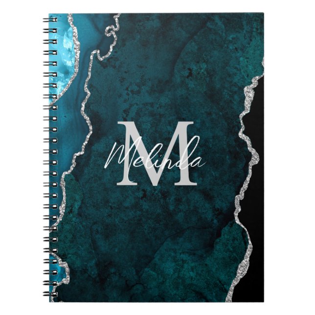 Caderno Espiral Azul Teal e Agato Marmoso Prateado (Frente)