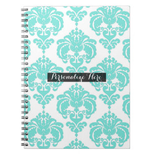 Caderno Espiral Azul-verde e Branco Padrão Chique Damasko Moderno 