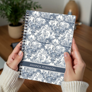 Caderno Espiral Azul Vintage Monograma Floral Toile De Jouy Francê