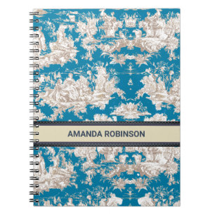 Caderno Espiral Azul Vintage Turquesa Toile de Jouy Monograma
