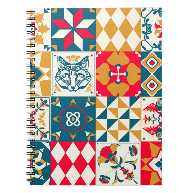 Caderno Espiral Azulejo Azul: Fundo Mosaico Vintage. (Frente)