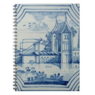 Caderno Espiral Azulejo de Delft que mostra um drawbridge sobre um